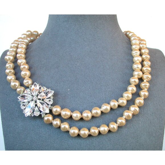 Czeanne Gold Tone Double Strand Faux Pearl Necklace W/ Rhinestone Flower - Picture 1 of 3